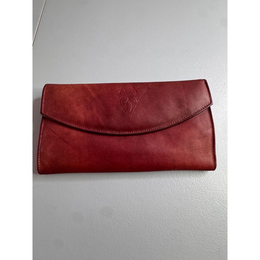 Rolfs Clutch Wallet Womens OS Burgundy Red Embossed Floral Cowhide Leather